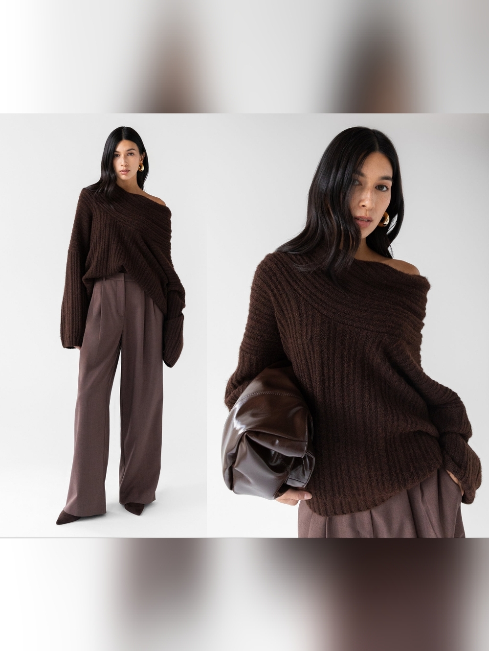 Oak + Fort Oversized Slouchy Off The Shoulder Sweater Brown